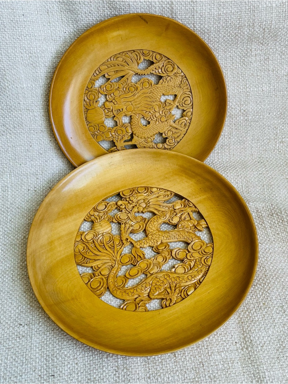 (2) Vintage Hand-Carved Golden Wood Decorative Plate with Dragon Motif